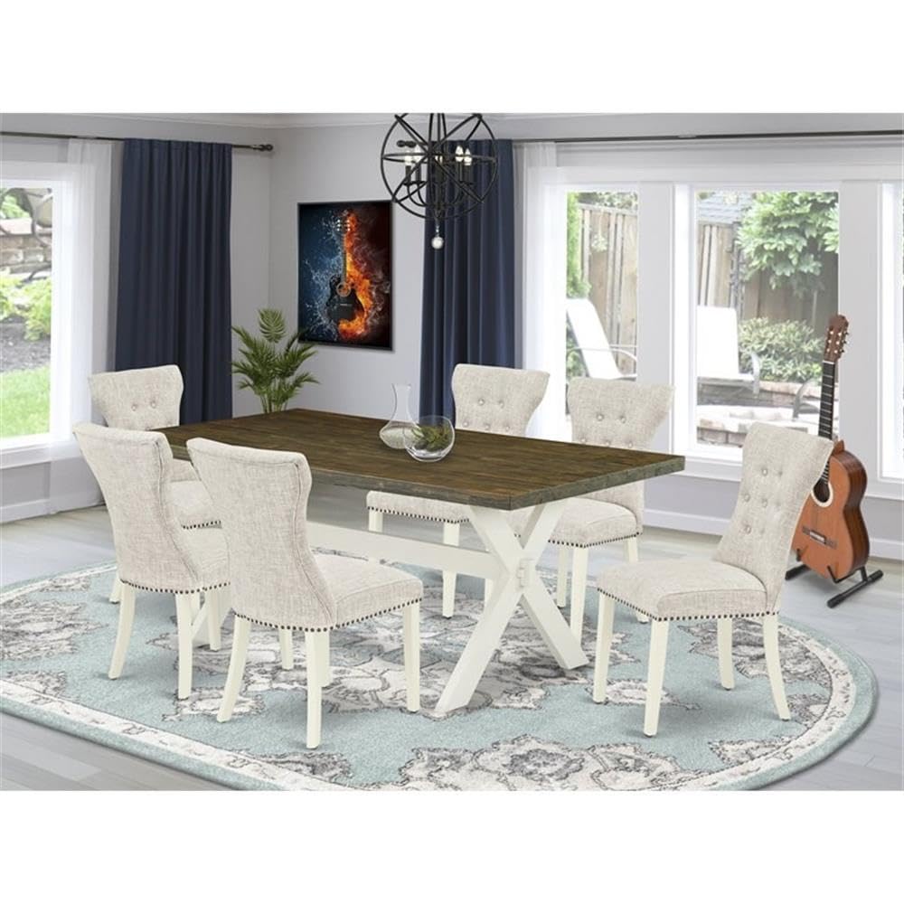 East West Furniture X077Ga235-7 7 Piece Modern Dining Table Set Consist Of A Rectangle Wooden Table With X-Legs And 6 Doeskin Linen Fabric Parsons Dining Chairs, 40X72 Inch, Multi-Color